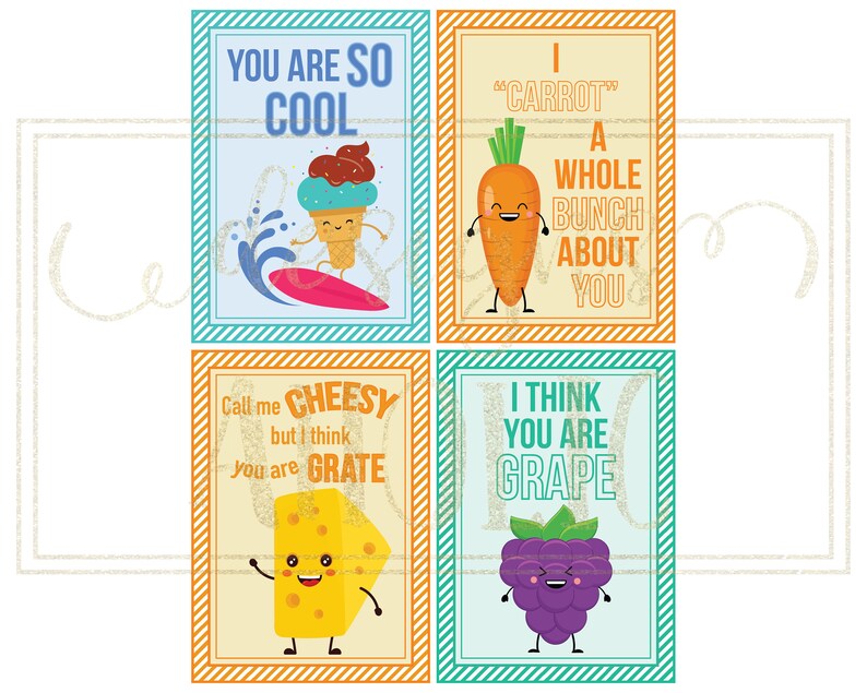 Peut inclure: Quatre affiches color&eacute;es avec des jeux de mots sur les aliments. L'une pr&eacute;sente un cornet de glace surfant avec le texte "You are so cool." Une autre montre une carotte avec le texte "I carrot a whole bunch about you."