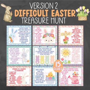 May include: A set of 15 colorful Easter treasure hunt clue cards featuring bunnies, chicks, and other Easter-themed illustrations. The cards have a pink and purple background with white text and are decorated with flowers and other Easter elements. The text on the cards includes phrases like "Shake your bunny tail" and "You're finding clues".