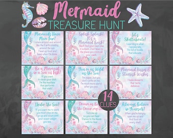 Puede incluir: Un conjunto de 8 tarjetas de pistas de búsqueda del tesoro con temática de sirenas, con un esquema de colores rosa y azul. Cada tarjeta presenta una cola de sirena, conchas marinas y una estrella de mar. Las tarjetas tienen texto que dice: "¡Las sirenas se divierten más!" "¡Sé una sirena en un mar de peces!" "¡Bajo el mar!" "¡Chapoteo, chapoteo! ¡Es una fiesta de sirenas!" "¡Eres tan salvaje como el mar!" "¡Vamos a celebrarlo!" "Besos de sirena y deseos de estrella de mar" "¡Sueña tan grande como el océano, mi querido!" "¡Siempre cree en ti mismo!"