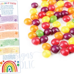 May include: A printable card with a watercolor rainbow and stars. The card features a poem about the colors of Easter and their meaning. The text reads: "The Colors of Easter. There's a rainbow in my hand, Full of colors that are bright. They remind me of the Savior, Who was born on Christmas night. He left his throne in Heaven, To forgive the sins of man. The colors from this candy, Can reveal His mighty plan."