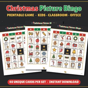May include: Three Christmas Picture Bingo game cards featuring colorful holiday icons like wreaths, reindeer, and candy canes. The cards are labeled Kids Edition, Classroom Edition, and Office Edition, with a central free space on each grid.