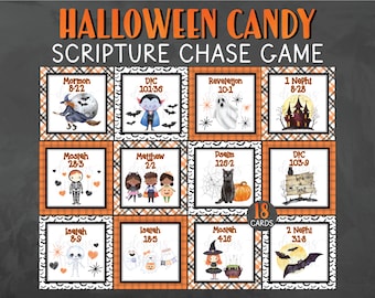 May include: A set of 18 Halloween-themed scripture cards featuring various characters and scripture references. The cards are designed with a black and orange plaid pattern and feature illustrations of a witch, a vampire, a ghost, a skeleton, a black cat, and a pumpkin.