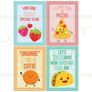 Peut inclure: Quatre cartes color&eacute;es avec des jeux de mots sur les aliments. Une carte dit "You are berry special to me" avec des baies de dessins anim&eacute;s. Une autre dit "I love you to pizzas" avec une part de pizza. La troisi&egrave;me dit "Orange you a cutie" avec une orange. La derni&egrave;re dit "Let's taco bout how awesome you are" avec un taco.