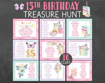 15th Birthday Treasure Hunt Clues - 15 Birthday Scavenger Hunt - Teen Birthday Treasure Hunt - 15th Birthday Gift - 15th Birthday Gift Girl