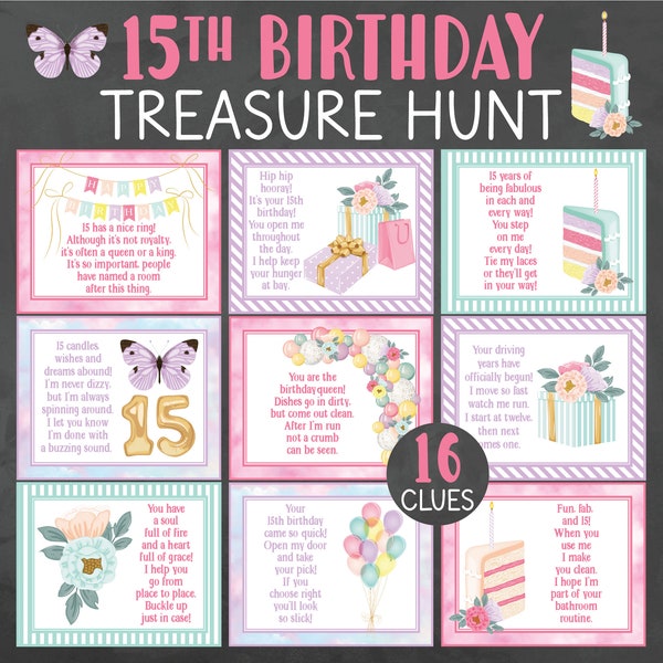 15th Birthday Treasure Hunt Clues - 15 Birthday Scavenger Hunt - Teen Birthday Treasure Hunt - 15th Birthday Gift - 15th Birthday Gift Girl