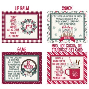 May include: Four Christmas-themed gift tags with red and green plaid, polka dot, and striped backgrounds. The tags feature festive text and illustrations, including a wreath with the word "joy", a Christmas pudding, a wreath with the words "Be Merry", and a mug of hot chocolate.