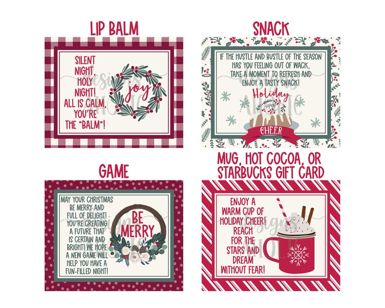 May include: Four Christmas-themed gift tags with red and green plaid, polka dot, and striped backgrounds. The tags feature festive text and illustrations, including a wreath with the word "joy", a Christmas pudding, a wreath with the words "Be Merry", and a mug of hot chocolate.
