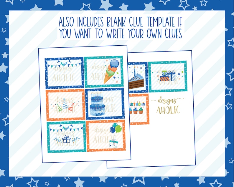 May include: Printable blue and orange birthday party game cards with the text "designs aholic" and various birthday-themed illustrations. The cards include a blank template for writing your own clues.