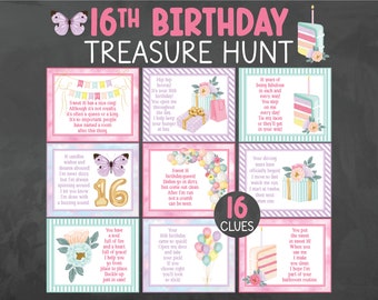 Könnte beinhalten: Ein 16. Geburtstag Schatzsuche Spiel mit einem Tafelhintergrund. Das Design zeigt rosa und lila Text und Illustrationen, darunter Schmetterlinge, Geschenke, Kuchen und Hinweise. Das Spiel enthält 16 Hinweise.