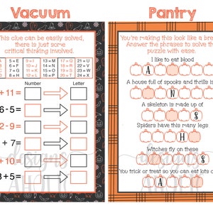 Op de afbeelding: Twee printbare Halloween-activiteitsbladen. Het eerste blad is getiteld "Vacuum" en bevat een woordpuzzel met een raster van cijfers en letters. Het tweede blad is getiteld "Pantry" en bevat een woordpuzzel met een raster van pompoenen. De tekst "Ik hou ervan om bloed te eten", "Een huis vol spoken en sensatie is...", "Een skelet is gemaakt van", "Spinnen hebben zoveel poten", "Heksen vliegen op deze", en "Je doet trick or treat zodat je veel van dit kunt eten" is op het blad opgenomen.