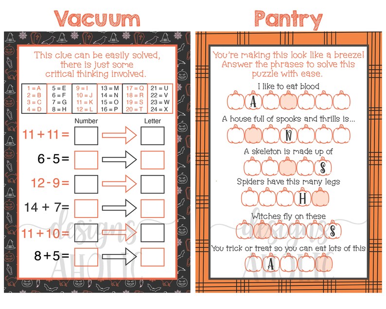 Op de afbeelding: Twee printbare Halloween-activiteitsbladen. Het eerste blad is getiteld "Vacuum" en bevat een woordpuzzel met een raster van cijfers en letters. Het tweede blad is getiteld "Pantry" en bevat een woordpuzzel met een raster van pompoenen. De tekst "Ik hou ervan om bloed te eten", "Een huis vol spoken en sensatie is...", "Een skelet is gemaakt van", "Spinnen hebben zoveel poten", "Heksen vliegen op deze", en "Je doet trick or treat zodat je veel van dit kunt eten" is op het blad opgenomen.