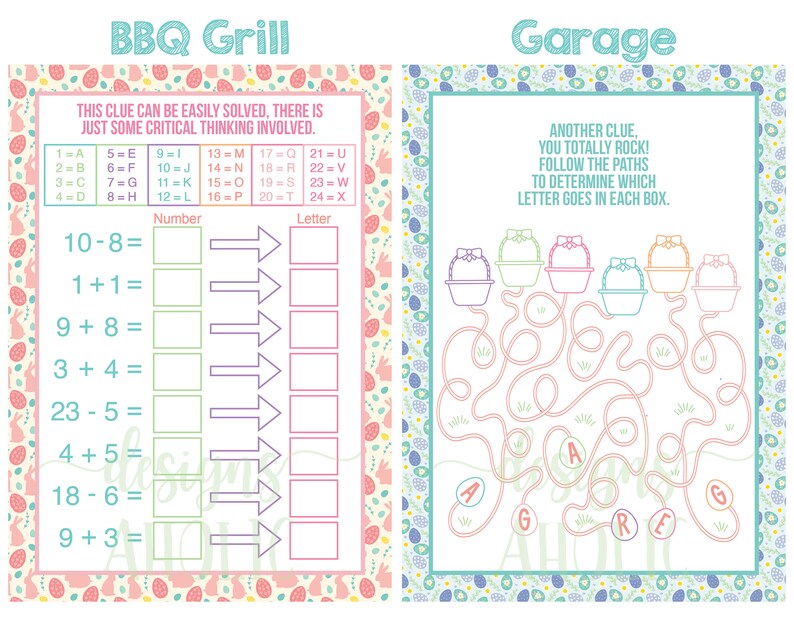 Pu&ograve; includere: Due fogli di attivit&agrave; colorati con i titoli "BBQ Grill" e "Garage". Il foglio "BBQ Grill" presenta problemi di matematica da risolvere. Il foglio "Garage" presenta un labirinto con lettere. Entrambi i fogli hanno bordi decorativi e motivi a tema pasquale.
