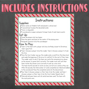 May include: A printable Christmas game instruction sheet with red and white candy cane stripes. The instructions include a list of supplies, set up, and how to play the game. The game is called "Christmas Lyric Challenge".