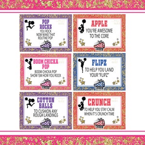 May include: Six colorful printable cheerleading cards with glitter backgrounds and gold stars. Each card features a cheerleading pose and a cheer phrase. The phrases are: "Pop Rocks", "Apple", "Boom Chicka Pop", "Flipz", "Cotton Balls", and "Crunch".