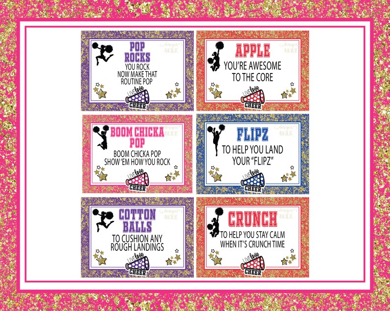 May include: Six colorful printable cheerleading cards with glitter backgrounds and gold stars. Each card features a cheerleading pose and a cheer phrase. The phrases are: "Pop Rocks", "Apple", "Boom Chicka Pop", "Flipz", "Cotton Balls", and "Crunch".