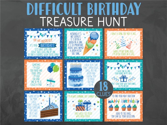 Difficult Birthday Treasure Hunt Clues - Adult or Teen Birthday Scavenger Hunt Clues - Teen Birthday Treasure Hunt - Spouse Treasure Hunt
