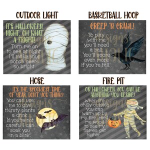 May include: Four illustrated signs with a Halloween theme. Each sign features a different Halloween character and a spooky saying. The signs are designed to be used as decorations for Halloween.