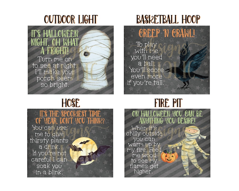 May include: Four illustrated signs with a Halloween theme. Each sign features a different Halloween character and a spooky saying. The signs are designed to be used as decorations for Halloween.