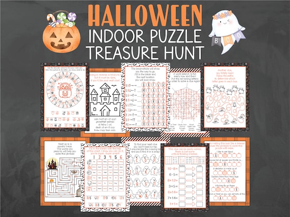 Indoor Halloween Puzzle Treasure Hunt - Halloween Puzzle Scavenger Hunt - Puzzle Halloween Treasure Hunt Clues - Halloween Party Games