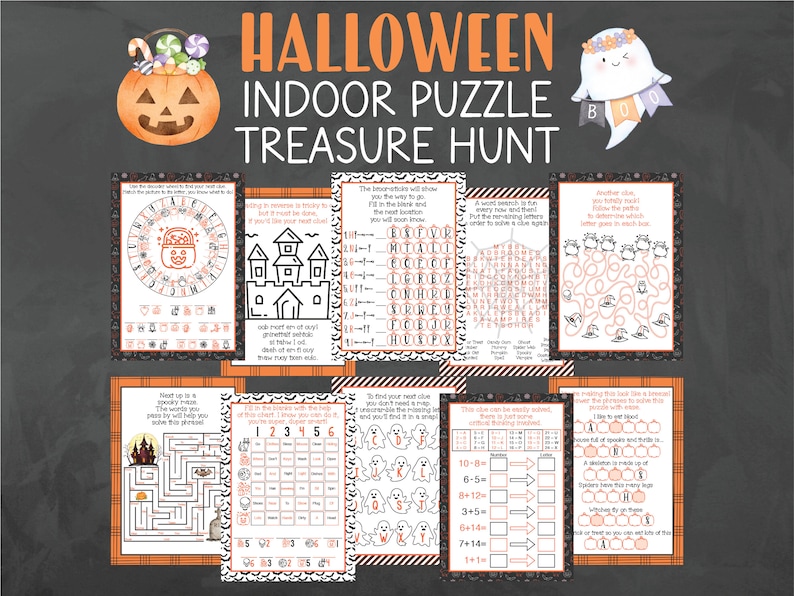 Op de afbeelding: Een set met printbare Halloween-schatzoek-aanwijzingen met een zwart-wit ontwerp op een zwarte achtergrond. De aanwijzingen omvatten een woordzoeker, een doolhof, een codekraker en een wiskundepuzzel.