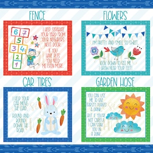 May include: Four colorful illustrated cards with text and images. The cards are titled "Fence", "Flowers", "Car Tires", and "Garden Hose". Each card features a different image and text describing the item. The "Fence" card shows a boy jumping over a fence with numbers on it. The "Flowers" card shows a blue bird with flowers. The "Car Tires" card shows a blue bunny with carrots. The "Garden Hose" card shows a smiling sun and clouds.