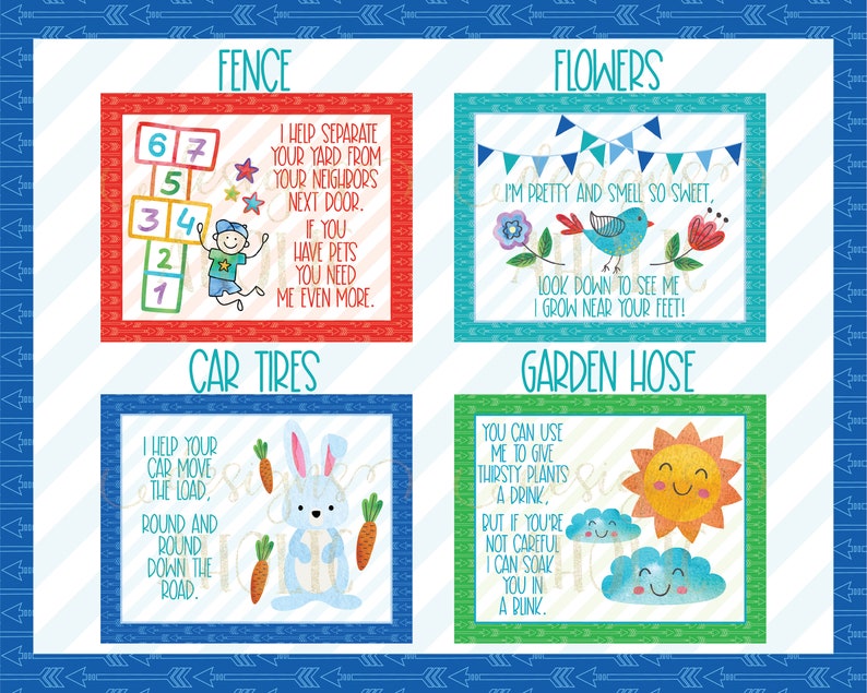 May include: Four colorful illustrated cards with text and images. The cards are titled "Fence", "Flowers", "Car Tires", and "Garden Hose". Each card features a different image and text describing the item. The "Fence" card shows a boy jumping over a fence with numbers on it. The "Flowers" card shows a blue bird with flowers. The "Car Tires" card shows a blue bunny with carrots. The "Garden Hose" card shows a smiling sun and clouds.