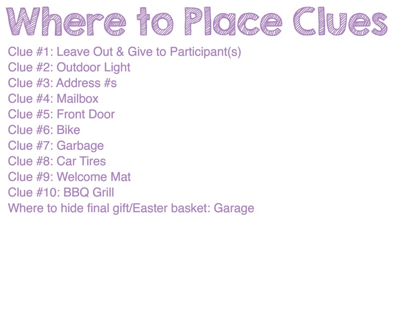 Pu&ograve; includere: Sfondo bianco con testo viola "Where to Place Clues". Sotto, un elenco di dieci indizi, tra cui "Outdoor Light", "Mailbox" e "BBQ Grill". Il testo suggerisce anche dove nascondere un regalo finale.
