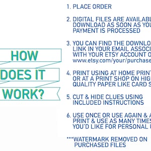 May include: A teal blue and yellow graphic with the words "HOW DOES IT WORK?" in a banner design. The graphic explains how to download and print digital files purchased on Etsy. The text includes the website address www.etsy.com/your/purchases.