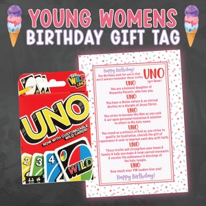 Étiquette-cadeau jeu Uno anniversaire des jeunes femmes - cadeau d'anniversaire sur le thème YW - téléchargement numérique instantané - étiquette cadeau YW créative, simple et significative