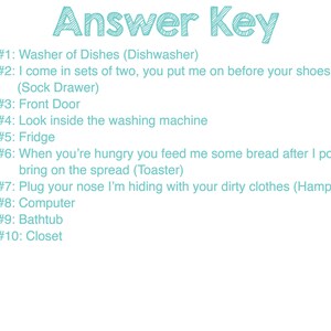 May include: A light blue and white answer key with the text "Answer Key" at the top. The answer key lists ten clues with their corresponding answers in parentheses. For example, Clue #1: Washer of Dishes (Dishwasher).