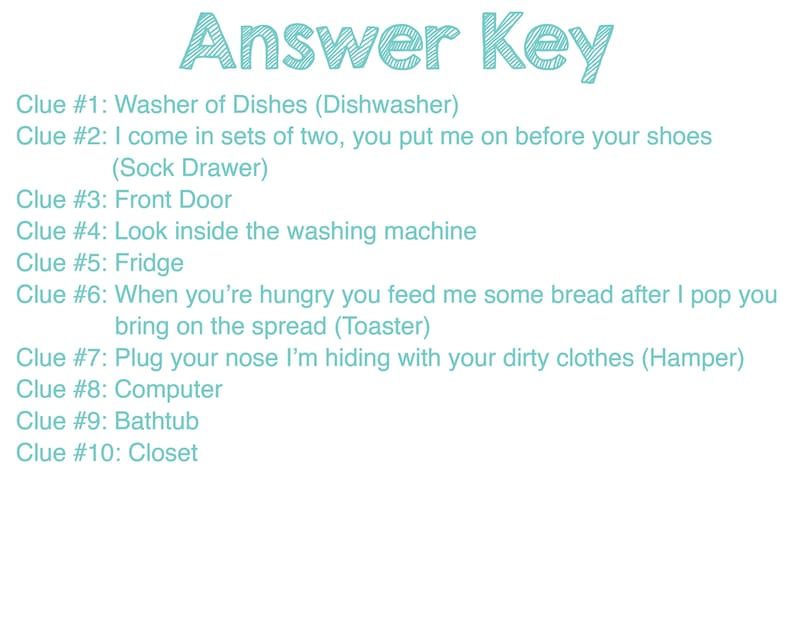 May include: A light blue and white answer key with the text "Answer Key" at the top. The answer key lists ten clues with their corresponding answers in parentheses. For example, Clue #1: Washer of Dishes (Dishwasher).