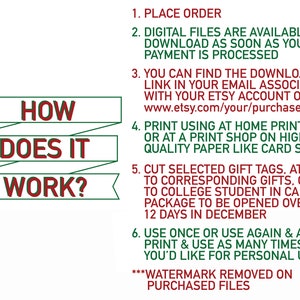 May include: Green and red text on a white background explains how to use digital printable gift tags. The text reads "How does it work?" and includes instructions for placing an order, downloading digital files, printing, and using the tags. The text also states that the watermark is removed on purchased files.