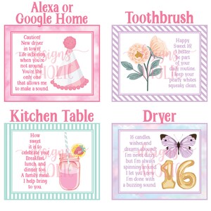 Op de afbeelding: Vier decoratieve borden met tekst en illustraties. De borden zijn gelabeld met "Alexa of Google Home", "Tandenborstel", "Keukentafel" en "Droger". Elk bord heeft een ander ontwerp, kleurenschema en tekst.