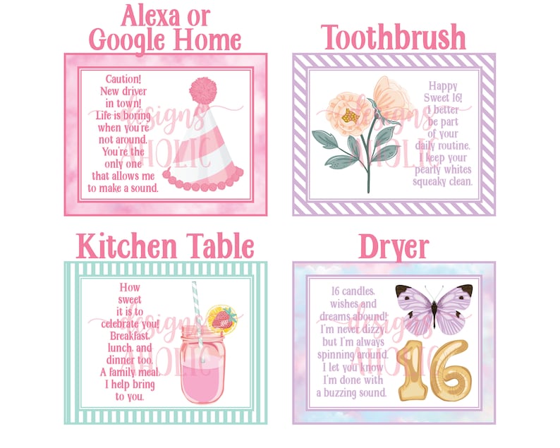 Op de afbeelding: Vier decoratieve borden met tekst en illustraties. De borden zijn gelabeld met "Alexa of Google Home", "Tandenborstel", "Keukentafel" en "Droger". Elk bord heeft een ander ontwerp, kleurenschema en tekst.