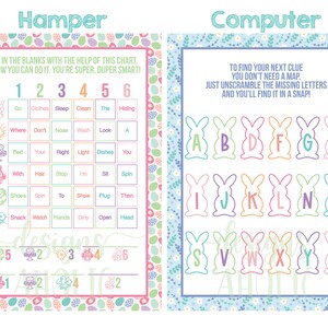May include: A printable Easter egg hunt game for kids. The game includes a chart with words and numbers to help kids find the next clue. The chart is decorated with pastel colored Easter eggs and flowers. The second part of the game is a set of alphabet letters in the shape of Easter bunnies. The letters are in a pastel color palette.