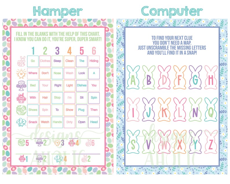 May include: A printable Easter egg hunt game for kids. The game includes a chart with words and numbers to help kids find the next clue. The chart is decorated with pastel colored Easter eggs and flowers. The second part of the game is a set of alphabet letters in the shape of Easter bunnies. The letters are in a pastel color palette.