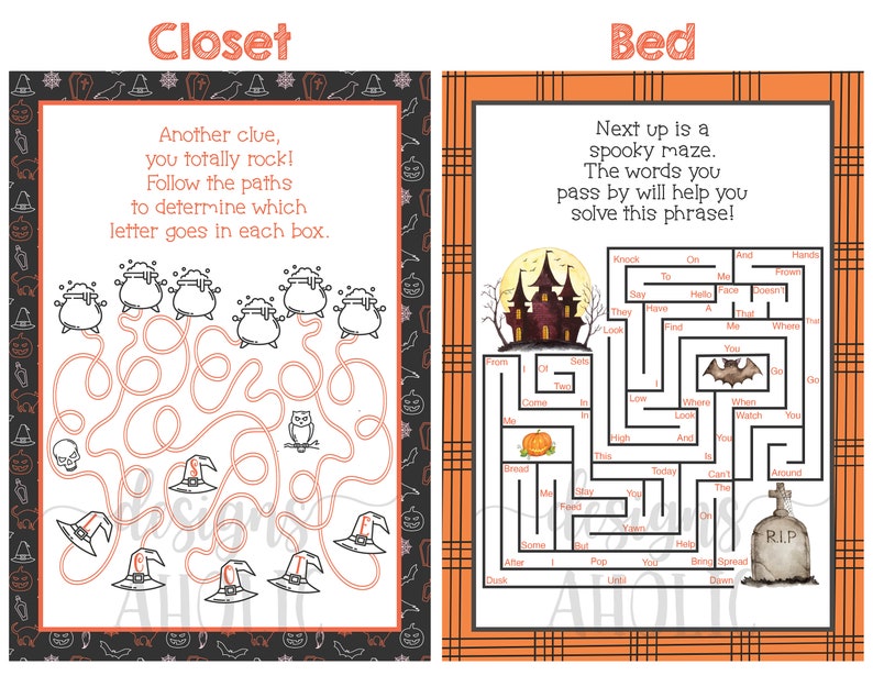 Op de afbeelding: Twee Halloween-doolhoven voor kinderen. De eerste doolhof is een kast met een ketel- en heksenhoedthema. De tweede doolhof is een bed met een spookhuis- en vleermuisthema. De tekst luidt "Another clue, you totally rock! Follow the paths to determine which letter goes in each box." en "Next up is a spooky maze. The words you pass by will help you solve this phrase!"