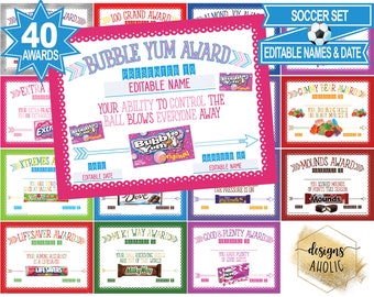 40 Soccer Candy Bar Award Certificates - Soccer Candy Bar Awards - Soccer Team Candy Bar Award Certificates - Soccer Player Ceremony Gifts
