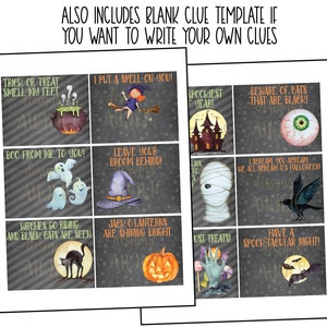 May include: A set of nine printable Halloween trick or treat clue cards with black and white striped backgrounds. The cards feature various Halloween themes, including a witch, a ghost, a black cat, a jack-o-lantern, a mummy, a crow, and an eyeball. The text on the cards includes phrases like "Trick or treat, smell my feet", "I put a spell on you", "Boo from me to you", "Leave your broom behind", "Witches go riding and black cats are seen", "Jack-o-lanterns are shining bright", "Beware of cats that are black", "I scream, you scream, we all scream it's Halloween", and "Have a spooktacular night!"