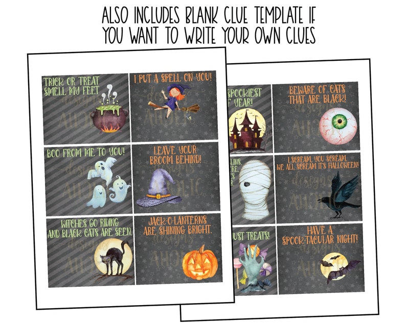 May include: A set of nine printable Halloween trick or treat clue cards with black and white striped backgrounds. The cards feature various Halloween themes, including a witch, a ghost, a black cat, a jack-o-lantern, a mummy, a crow, and an eyeball. The text on the cards includes phrases like "Trick or treat, smell my feet", "I put a spell on you", "Boo from me to you", "Leave your broom behind", "Witches go riding and black cats are seen", "Jack-o-lanterns are shining bright", "Beware of cats that are black", "I scream, you scream, we all scream it's Halloween", and "Have a spooktacular night!"