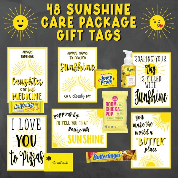 48 Sunshine Box Printable Gift Tags - Sunshine Care Package Inserts - Sunshine Printables - Thinking of You Care Package Decor