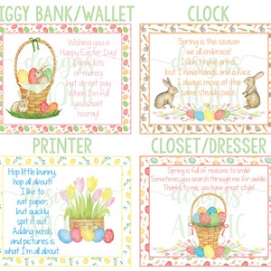 K&ouml;nnte beinhalten: Vier druckbare Osterkarten mit Hasenillustrationen und bunten Eiern. Die Karten zeigen verschiedene Spr&uuml;che, darunter "Ich w&uuml;nsche dir ein frohes Osterfest!" und "H&uuml;pfe kleiner Hase, h&uuml;pfe herum!"