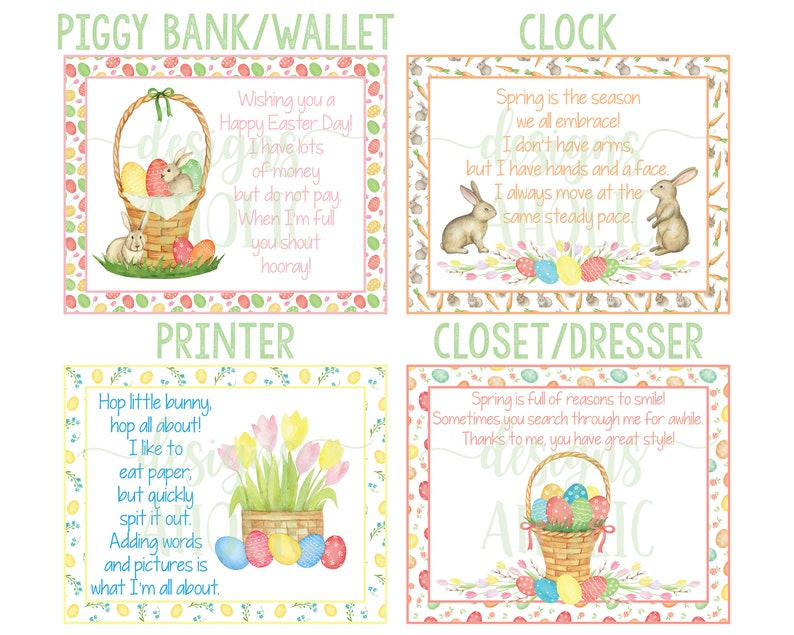 K&ouml;nnte beinhalten: Vier druckbare Osterkarten mit Hasenillustrationen und bunten Eiern. Die Karten zeigen verschiedene Spr&uuml;che, darunter "Ich w&uuml;nsche dir ein frohes Osterfest!" und "H&uuml;pfe kleiner Hase, h&uuml;pfe herum!"