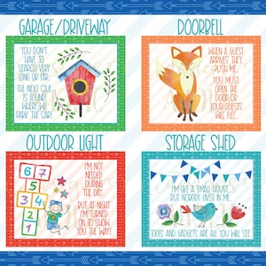 May include: A set of four illustrated cards with colorful borders and text. Each card features a different location around a house, such as the garage, doorbell, outdoor light, and storage shed. The cards are designed to be used as clues for a scavenger hunt.