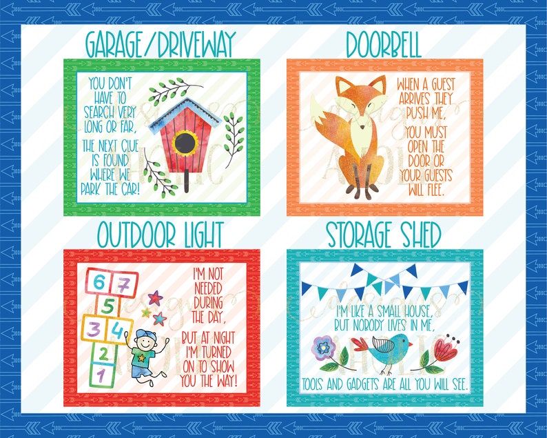 May include: A set of four illustrated cards with colorful borders and text. Each card features a different location around a house, such as the garage, doorbell, outdoor light, and storage shed. The cards are designed to be used as clues for a scavenger hunt.