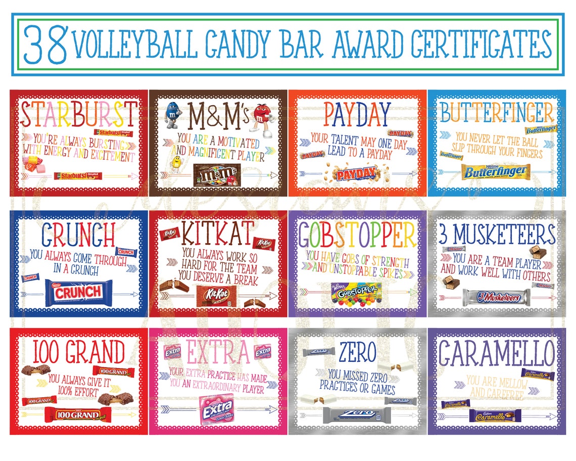 38 Volleyball Team Candy Bar Award Certificates Volleyball Etsy