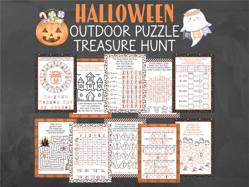May include: A printable Halloween treasure hunt game with a black and orange color scheme. The game includes a variety of puzzles, including a word search, a maze, a code breaker, and a number puzzle. The game is designed to be played outdoors.
