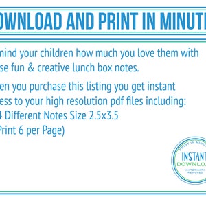 Peut inclure: Graphique blanc et bleu sarcelle avec le texte &laquo; T&Eacute;L&Eacute;CHARGER ET IMPRIMER EN QUELQUES MINUTES &raquo;. L'image fait la promotion de notes pour bo&icirc;tes &agrave; lunch, indiquant que la liste comprend 24 notes, chacune de 6,35 x 8,89 cm, avec 6 notes par page.