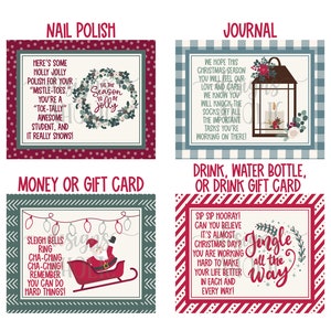 May include: Four printable gift tags with Christmas themes. The tags are decorated with red and green plaid, red and white stripes, and a green and white pattern. The text on the tags includes "Nail Polish", "Journal", "Money or Gift Card", and "Drink, Water Bottle, or Drink Gift Card".