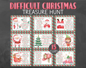 May include: A set of 15 Christmas-themed clue cards for a treasure hunt. The cards feature illustrations of Santa Claus, a snowman, an elf, and a Christmas tree. Each card has a riddle or clue written on it. The cards are printed on white paper with red and green borders.